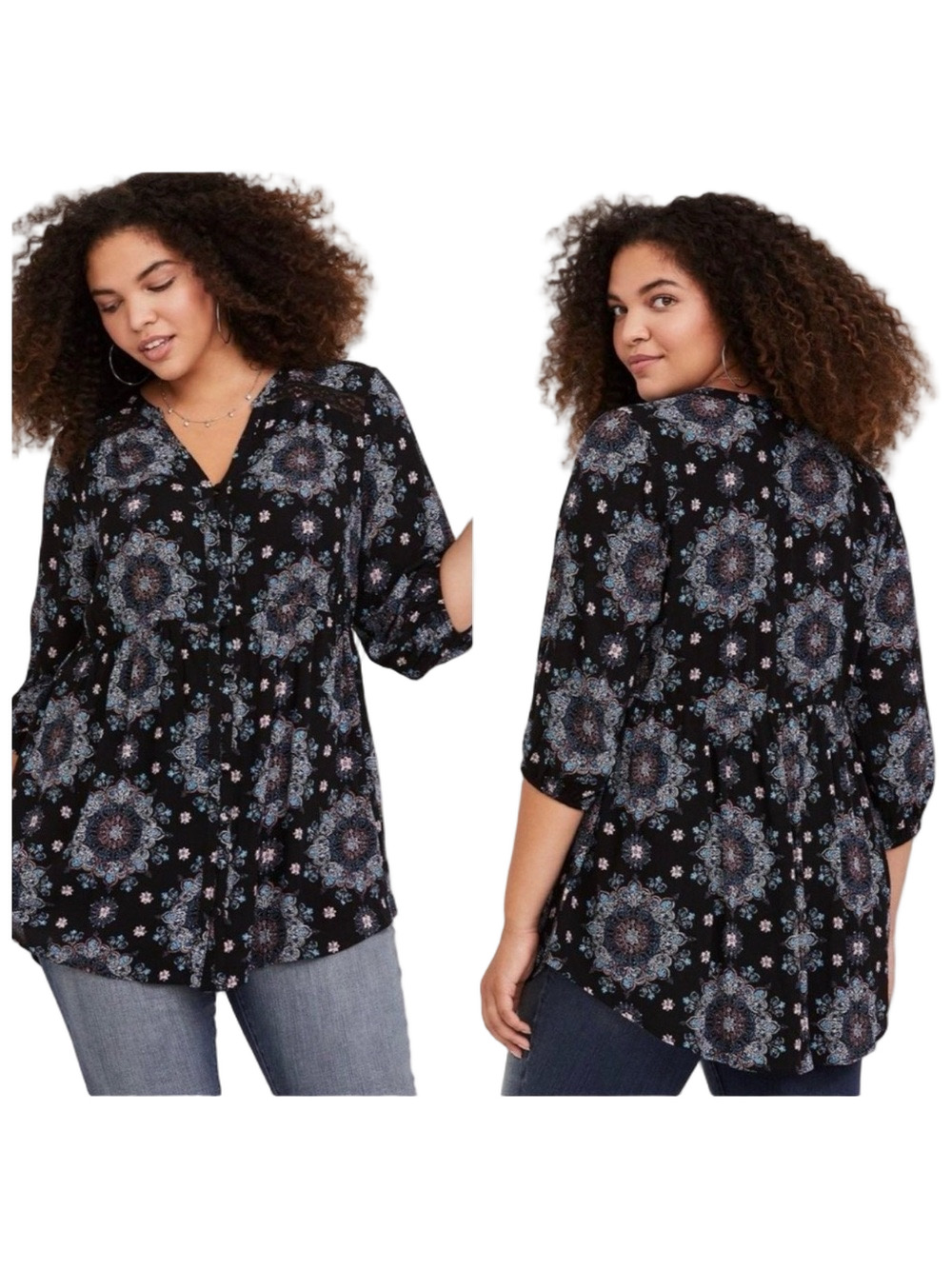 🎧Torrid Black Floral-Print V-Neck tunic top  size 3 GUC